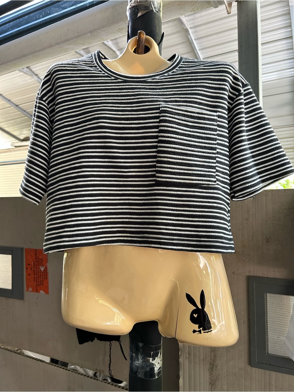 Women's Dark Green & White Striped Crop Pocket Tee